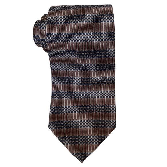 Vintage 80s 90s Cape Cod 100% Silk Tie | Brown & Navy Geometric Striped, USA - Picture 2 of 6